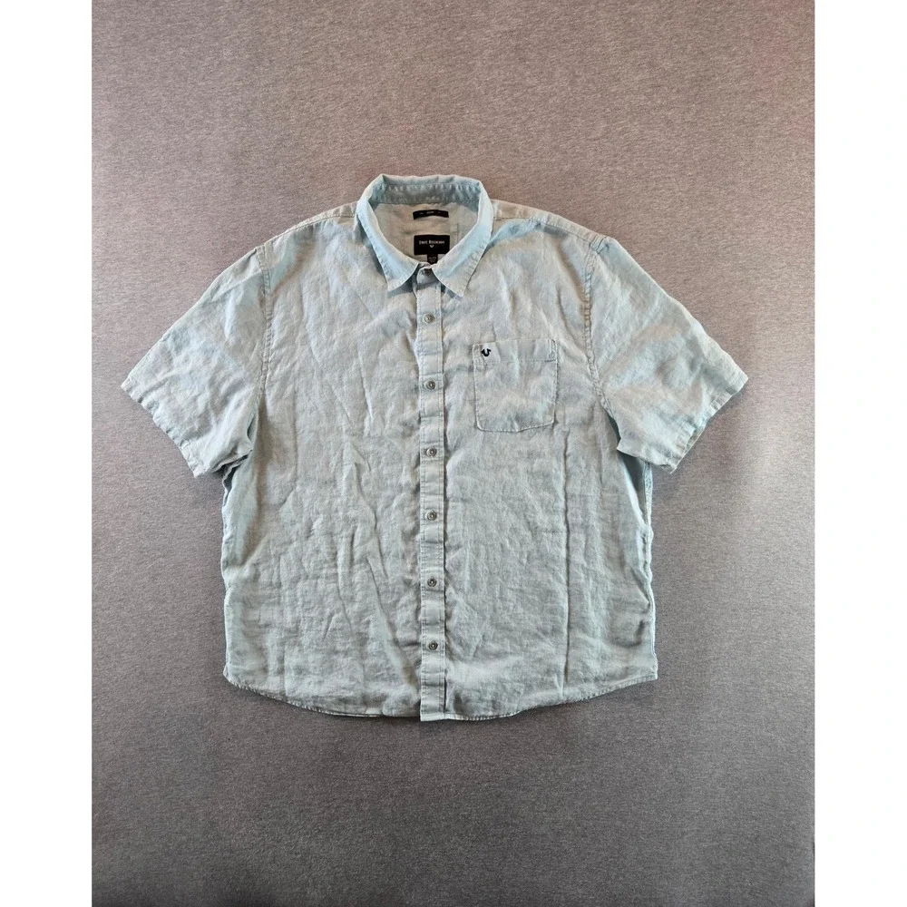 True Religion Shirt Mens 3XL Blue Linen Button Up Short Sleeve Slim Fit Resort